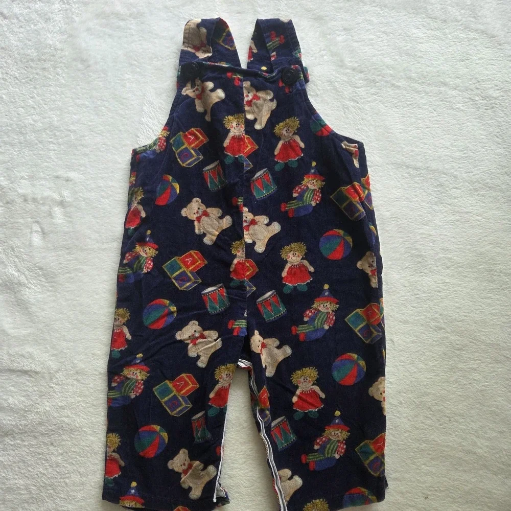 Vintage‎ Corduroy Overalls Teddy Bear  Blocks Retro Jumper No Tags 12-18 Mth
